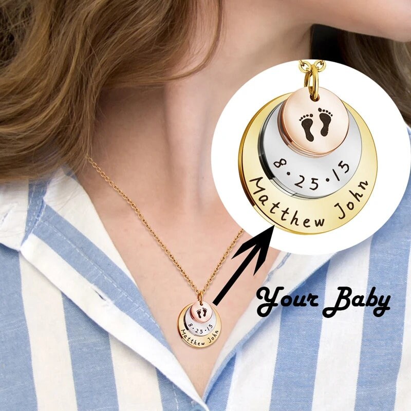 18K Gold Plated Personalized Baby Born Necklace Customized 3 Multi-Color Layered Circle Name Necklace Engraved Children Name Jewelry For Mom