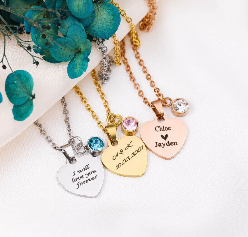 18K Gold Plated Heart Shape Swarovski Birthstone Necklace, Customized Actual Handwriting Personalized Jewelry, Engrave Name Necklace Gift