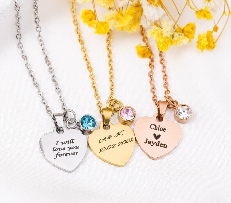 18K Gold Plated Heart Shape Swarovski Birthstone Necklace, Customized Actual Handwriting Personalized Jewelry, Engrave Name Necklace Gift