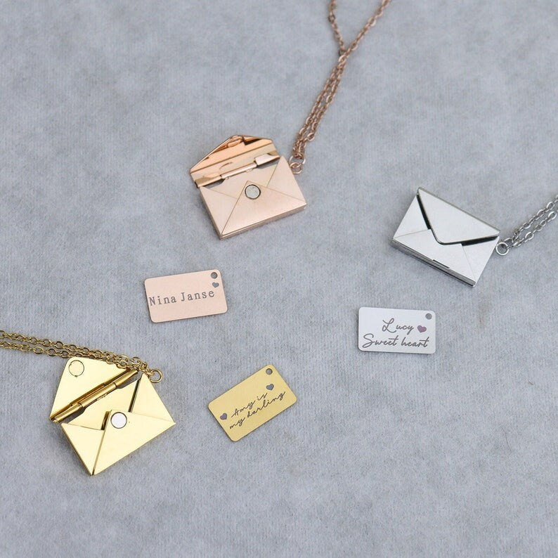 18K Gold Plated Engraved Envelope Necklace Customized Hidden Message Necklace Love Letter Locket Pendant Personalized Jewelry Gift for Her