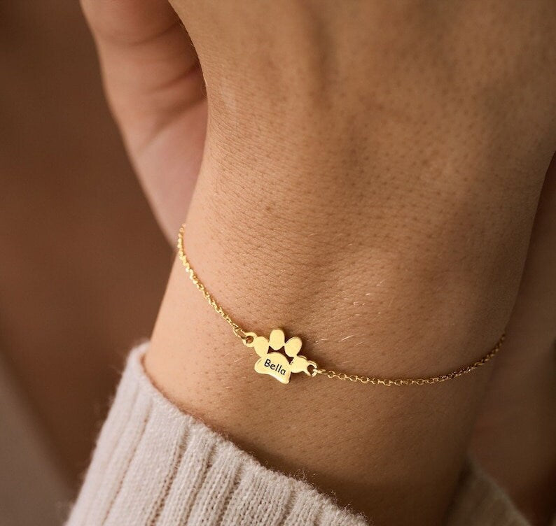 18K Gold Plated Pets Paw Print Name Bracelet Minimalist Personalized Bracelet, Customized Jewelry, Dog Paw Pet Bracelet Custom Name Jewelry