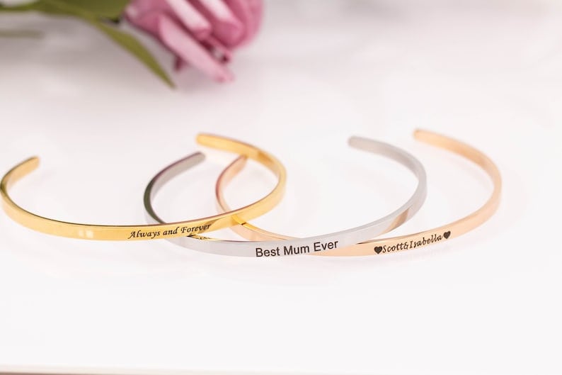 18K Gold Plated 4mm Engraved Text Name Bangle Personalized Cuff Bracelet Gift Customized Bracelet Custom Jewelry Gift For Mom, Jewelry Gift