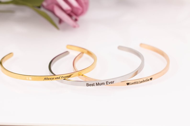 18K Gold Plated 4mm Engraved Text Name Bangle Personalized Cuff Bracelet Gift Customized Bracelet Custom Jewelry Gift For Mom, Jewelry Gift