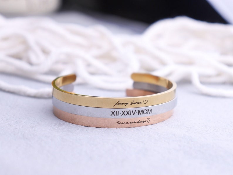 18K Gold Plated 4mm Engraved Text Name Bangle Personalized Cuff Bracelet Gift Customized Bracelet Custom Jewelry Gift For Mom, Jewelry Gift