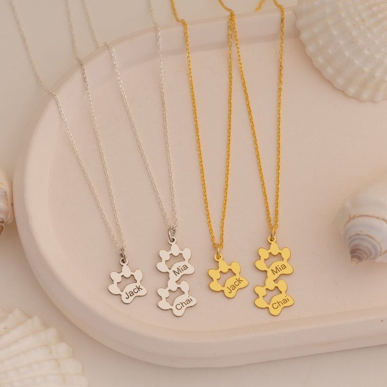 18K Gold Plated Pets Paw Print Name Necklace Minimalist Personalized Necklace, Customized Jewelry, Dog Paw Necklace Cat Paw Pet Name Jewelry