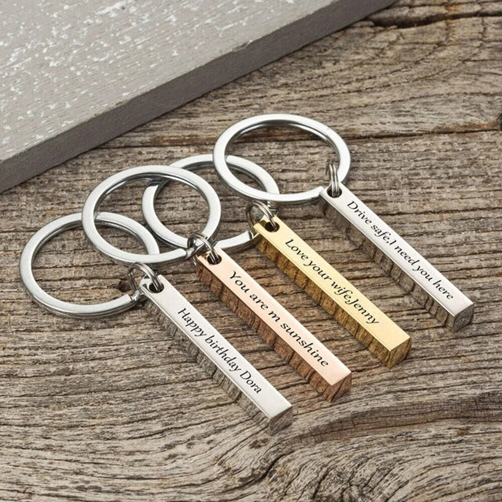 18K Gold Plated Personalized Engraved Name Keychains 1-4 Sides Engrave 3D Bar Vertical Key Chains Customized Gift Keyring Custom Jewelry