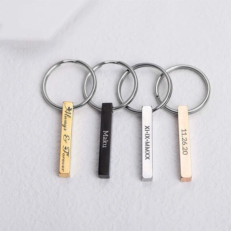 18K Gold Plated Personalized Engraved Name Keychains 1-4 Sides Engrave 3D Bar Vertical Key Chains Customized Gift Keyring Custom Jewelry