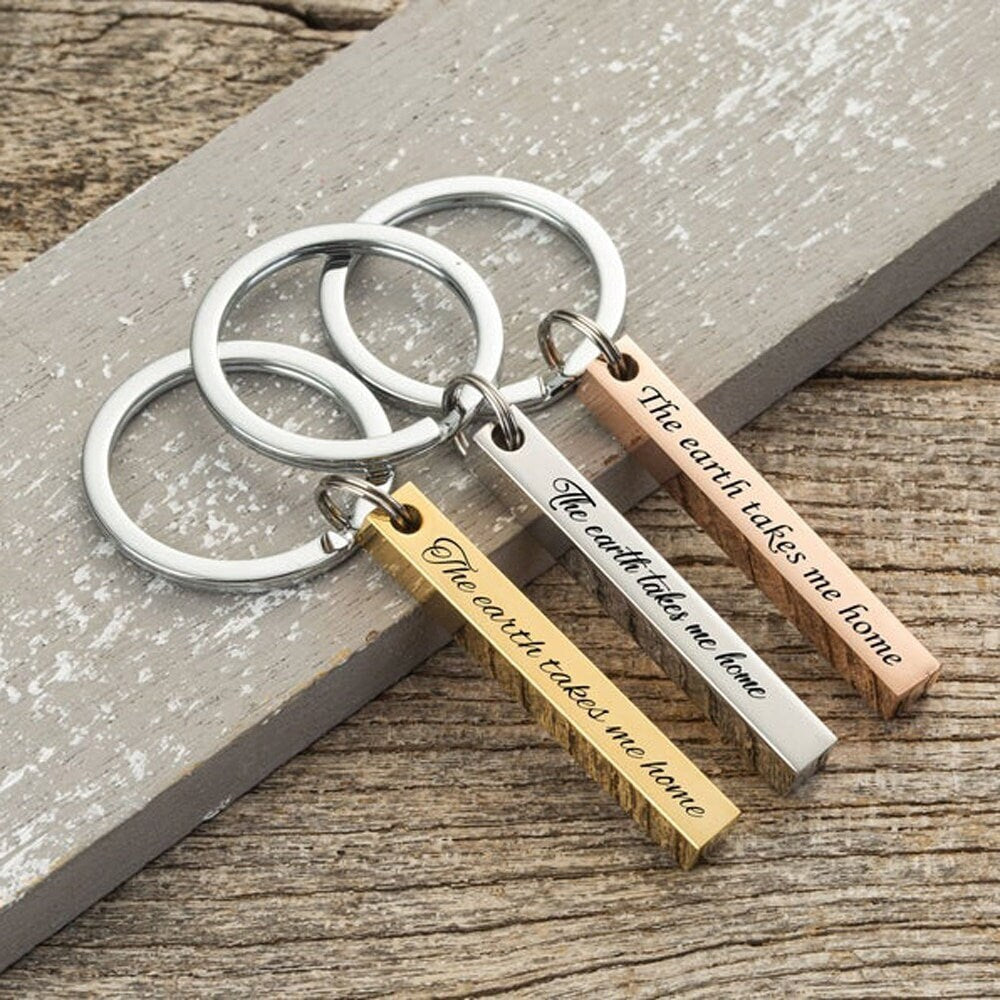 18K Gold Plated Personalized Engraved Name Keychains 1-4 Sides Engrave 3D Bar Vertical Key Chains Customized Gift Keyring Custom Jewelry