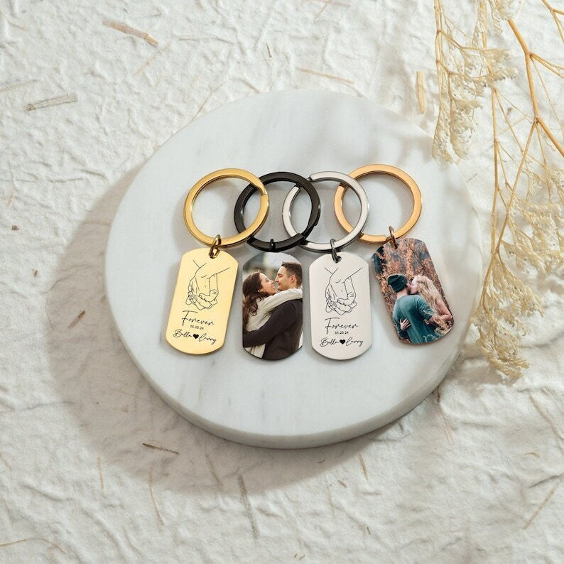 18K Gold Plated Personalized Photo Keychain Custom Picture Keychain Personalized Jewelry Customized Pic Keyring Doubled Sided Text Keychain