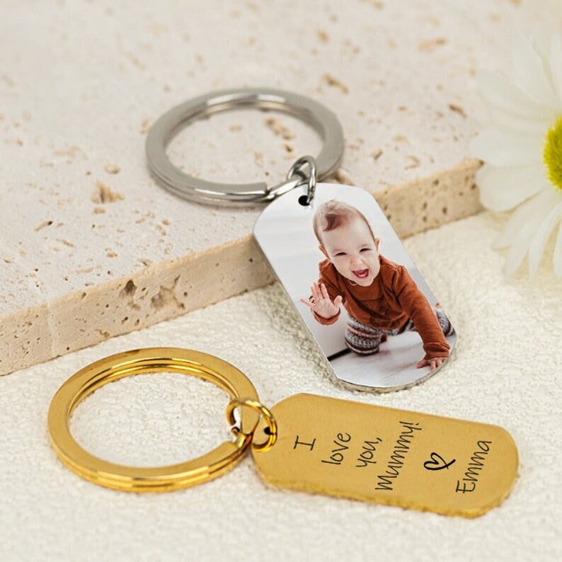 18K Gold Plated Personalized Photo Keychain Custom Picture Keychain Personalized Jewelry Customized Pic Keyring Doubled Sided Text Keychain