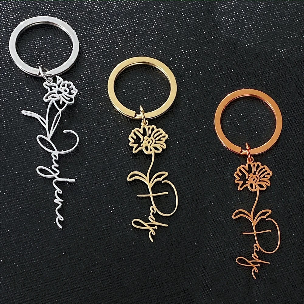 18K Gold Plated Personalized Name Birth Month Flower Keychain, Custom Dainty Keyring, Customized Name Jewelry, Minimalist Handmade Jewelry