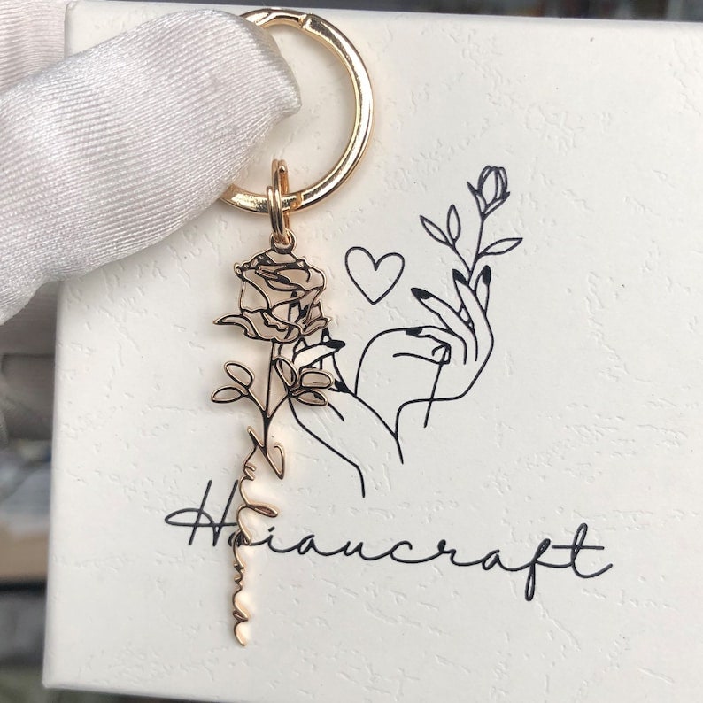 18K Gold Plated Personalized Name Birth Month Flower Keychain, Custom Dainty Keyring, Customized Name Jewelry, Minimalist Handmade Jewelry