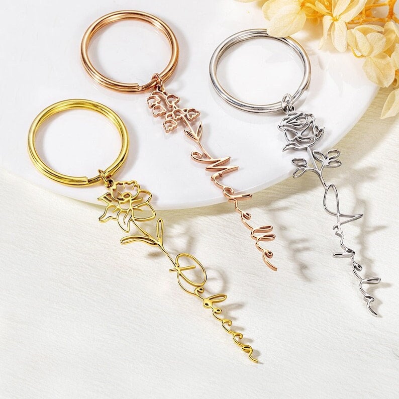 18K Gold Plated Personalized Name Birth Month Flower Keychain, Custom Dainty Keyring, Customized Name Jewelry, Minimalist Handmade Jewelry