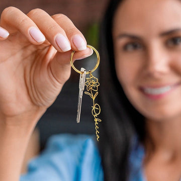 18K Gold Plated Personalized Name Birth Month Flower Keychain, Custom Dainty Keyring, Customized Name Jewelry, Minimalist Handmade Jewelry