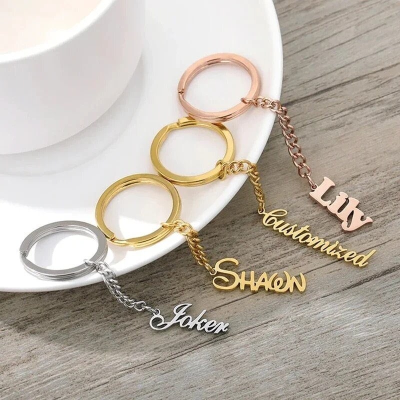 18K Gold Plated Personalized Engraved Name Keychain, Custom Gift, Engraved Key Ring, Name Key Chains Customized Gift Keyring Custom Jewelry