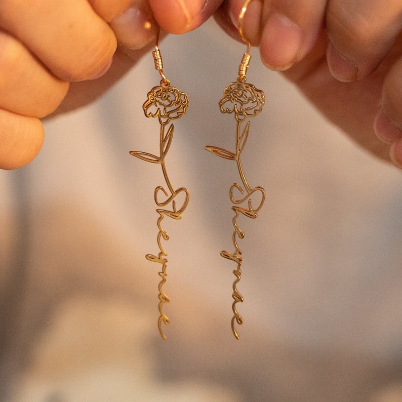 18K Gold Plated Custom Name Earrings Birth Month Flower Vertical Earrings, Customized Name Jewelry, Personalized Minimalist Handmade Jewelry