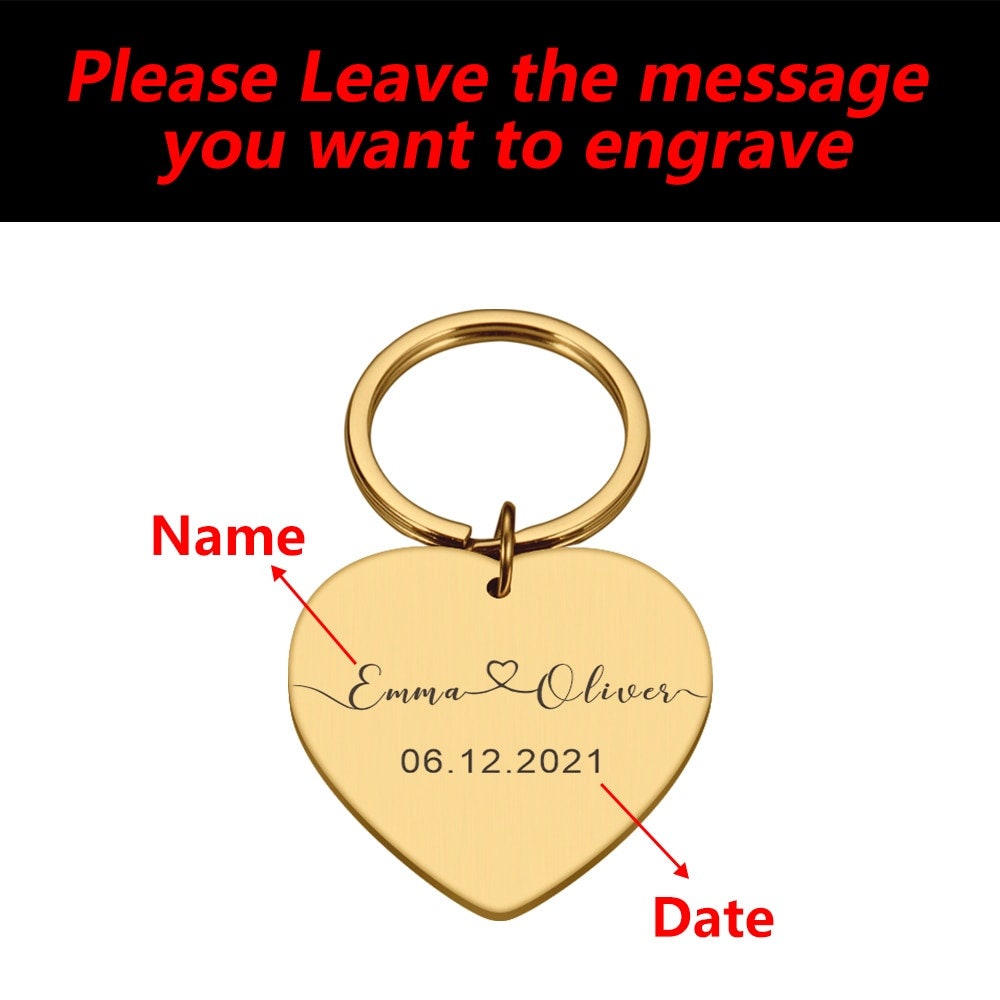 18K Gold Plated Personalized Engraved Heart Name Keychain, Custom Gift, Engraved Key Ring, Key Chains Customized Gift Keyring Custom Jewelry