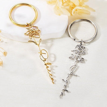 18K Gold Plated Personalized Name Birth Month Flower Keychain, Custom Dainty Keyring, Customized Name Jewelry, Minimalist Handmade Jewelry