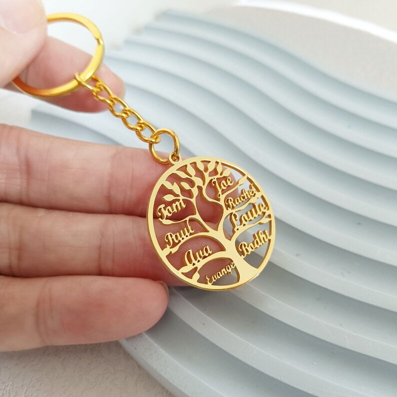 18K Gold Plated Personalized Family Name Key chain, Custom Keychain, Family Tree Name Keyring, Customized Gift, Keyring Custom Tree of Life