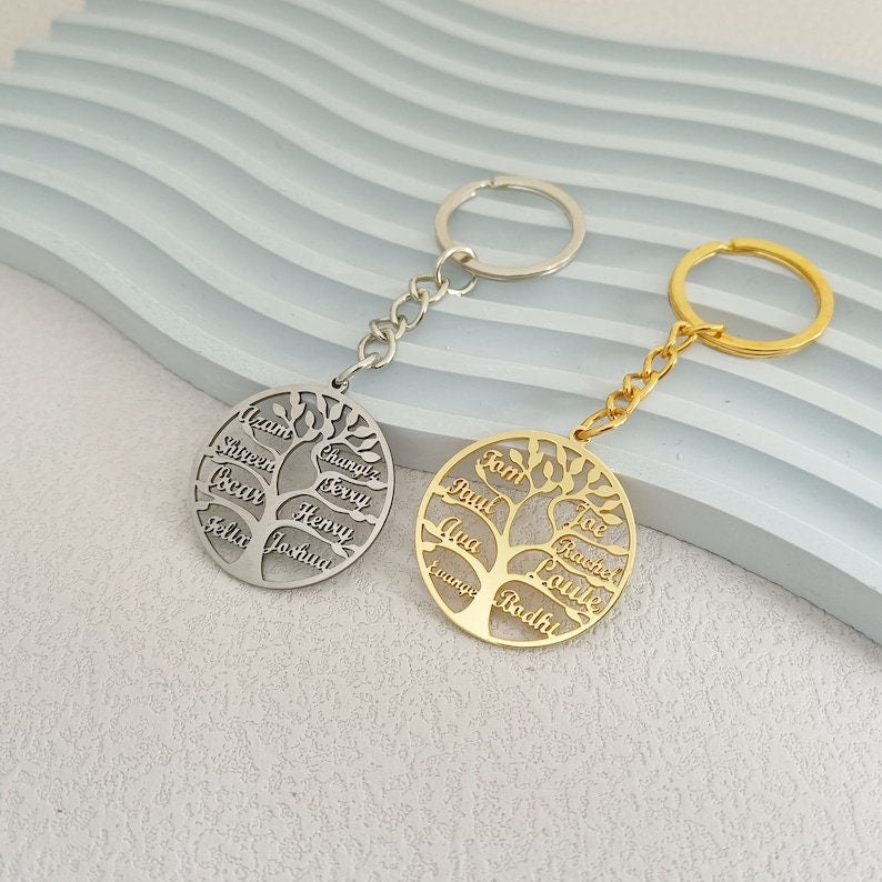 18K Gold Plated Personalized Family Name Key chain, Custom Keychain, Family Tree Name Keyring, Customized Gift, Keyring Custom Tree of Life