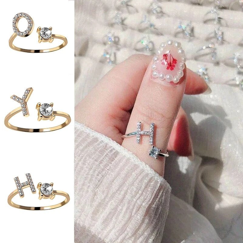 18K Gold Plated Alloy Customized Adjustable Crystal Initial Finger Ring Minimalist Letter Aesthetic Ring, Personalized Jewelry, Wedding Band