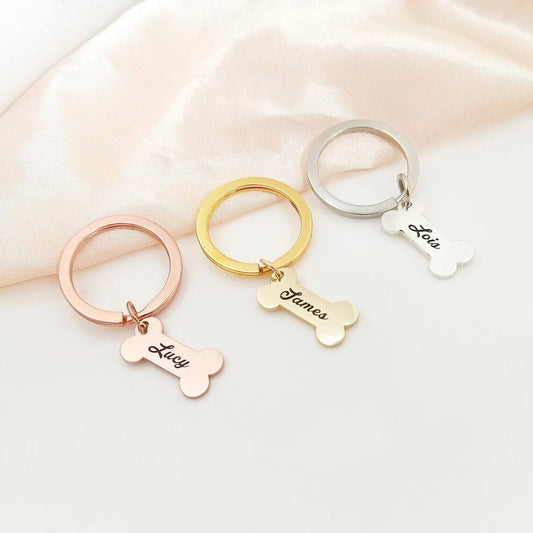 18K Gold Plated Personalized Custom Engraved Dog Name Keychain Custom Gift Bone Shaped Keyring Nameplate Key Accessories Gift for Dog Lovers