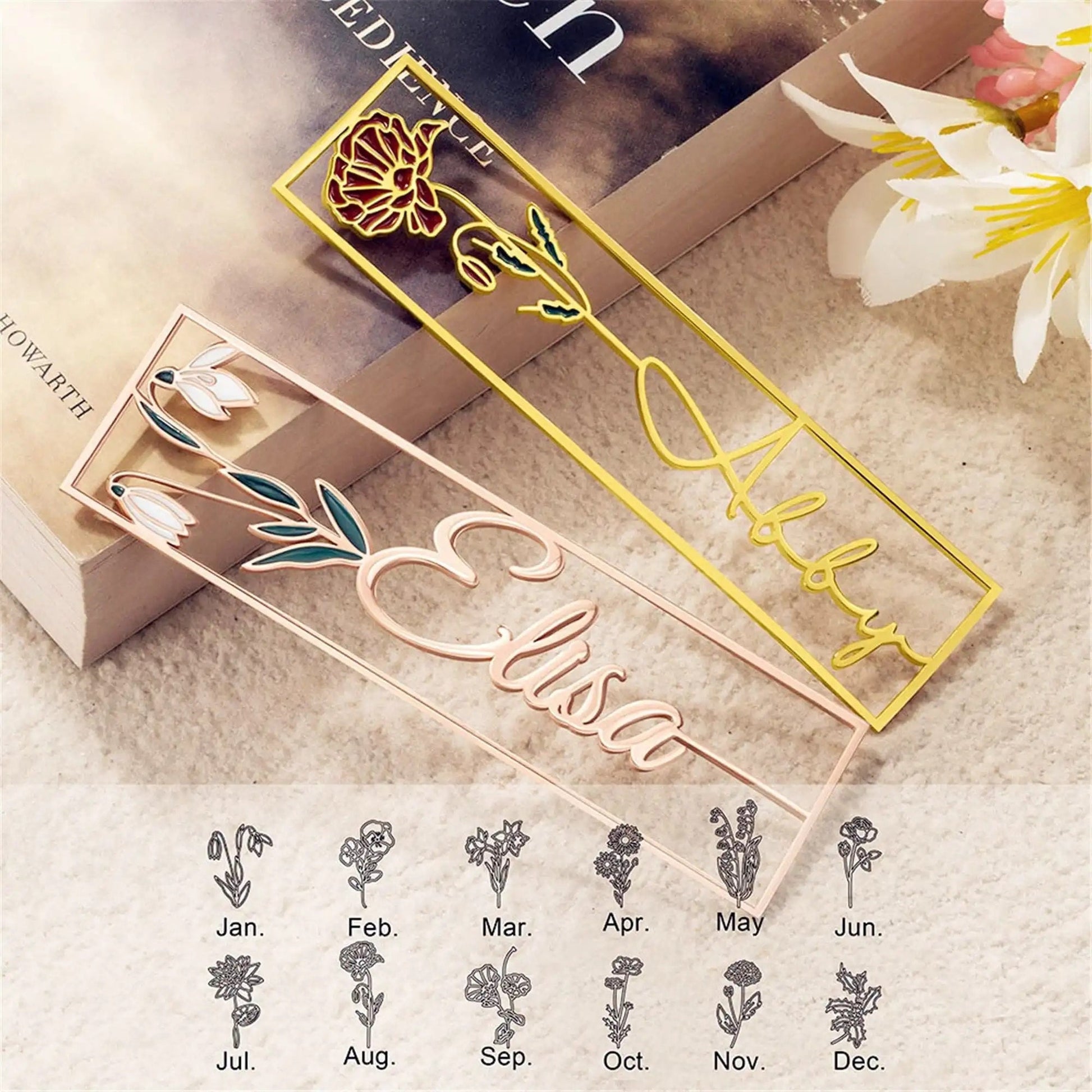 Personalized Birthflower Name Metal Bookmark, Custom Name Birthday Bookmark Birthflower Bookmark Customized Jewelry with Name Bookmarks Gift