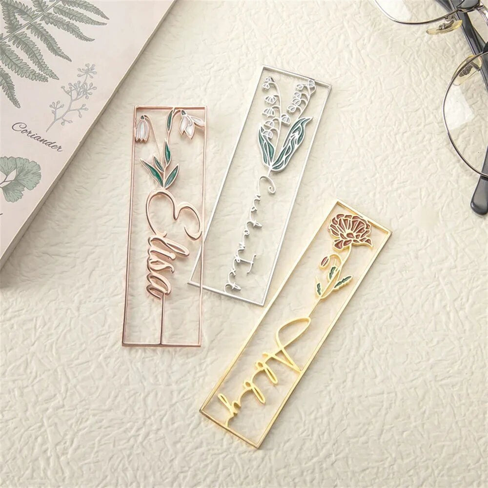 Personalized Birthflower Name Metal Bookmark, Custom Name Birthday Bookmark Birthflower Bookmark Customized Jewelry with Name Bookmarks Gift